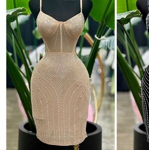 Elegant Nude Embellished Mini Dress